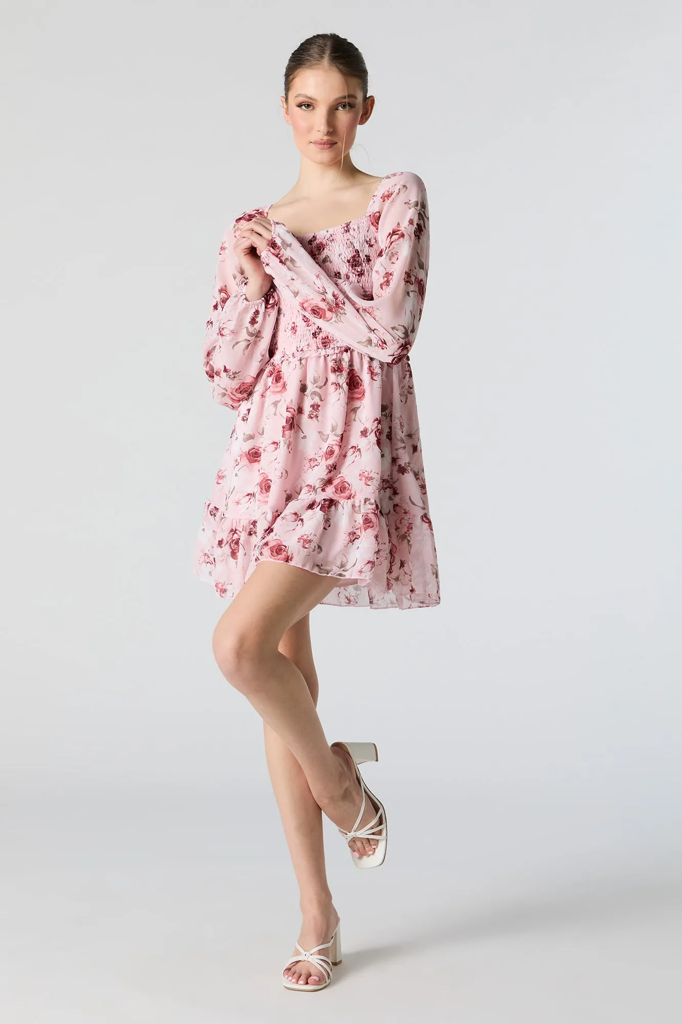 Pink Floral Smocked Long Sleeve Mini Dress sold by Urban Planet product image thumbnail 3