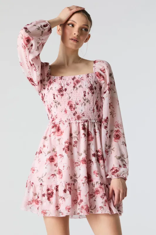 Pink Floral Smocked Long Sleeve Mini Dress sold by Urban Planet