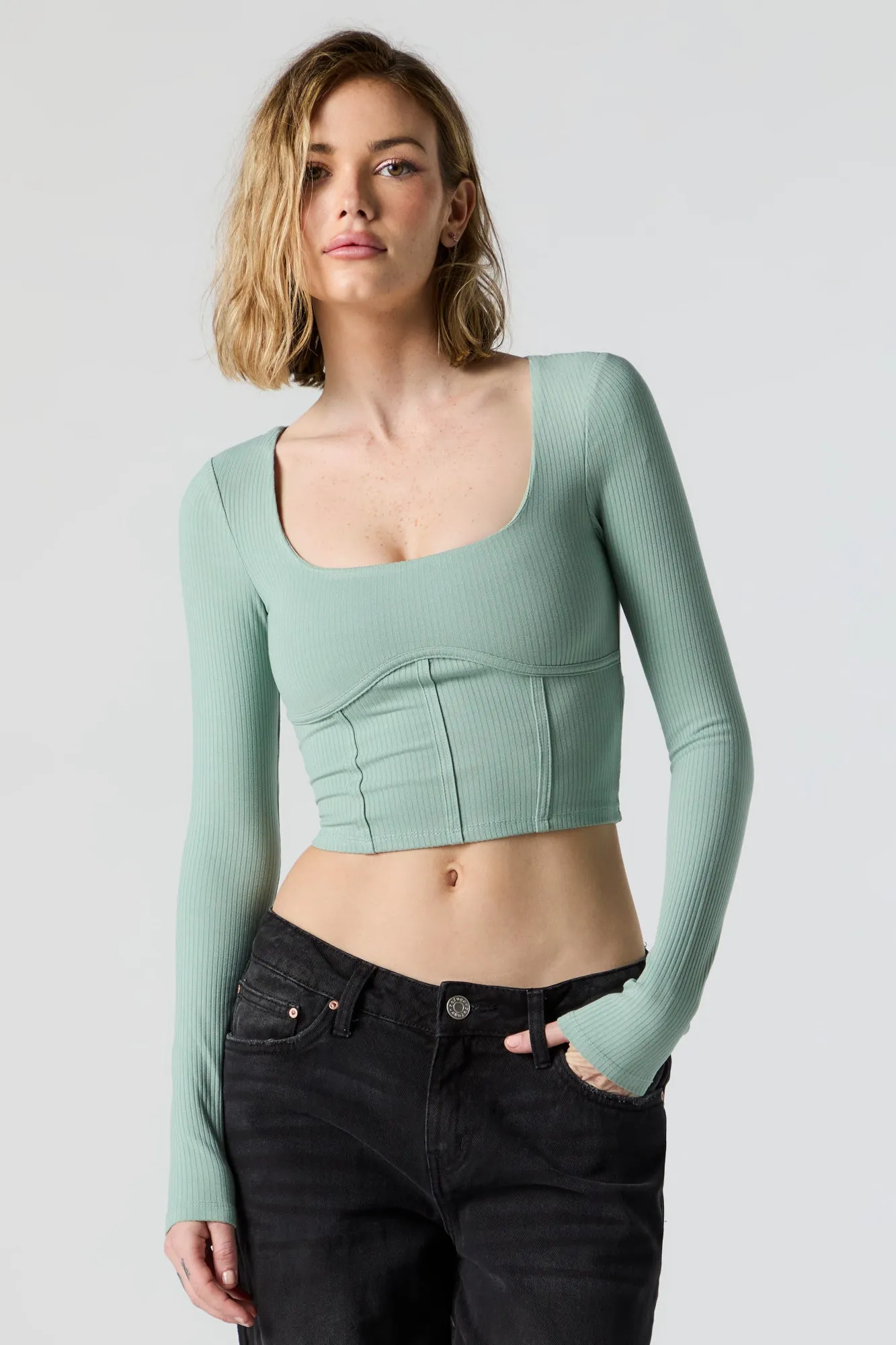 Ribbed Long Sleeve Corset Top sold by Urban Planet