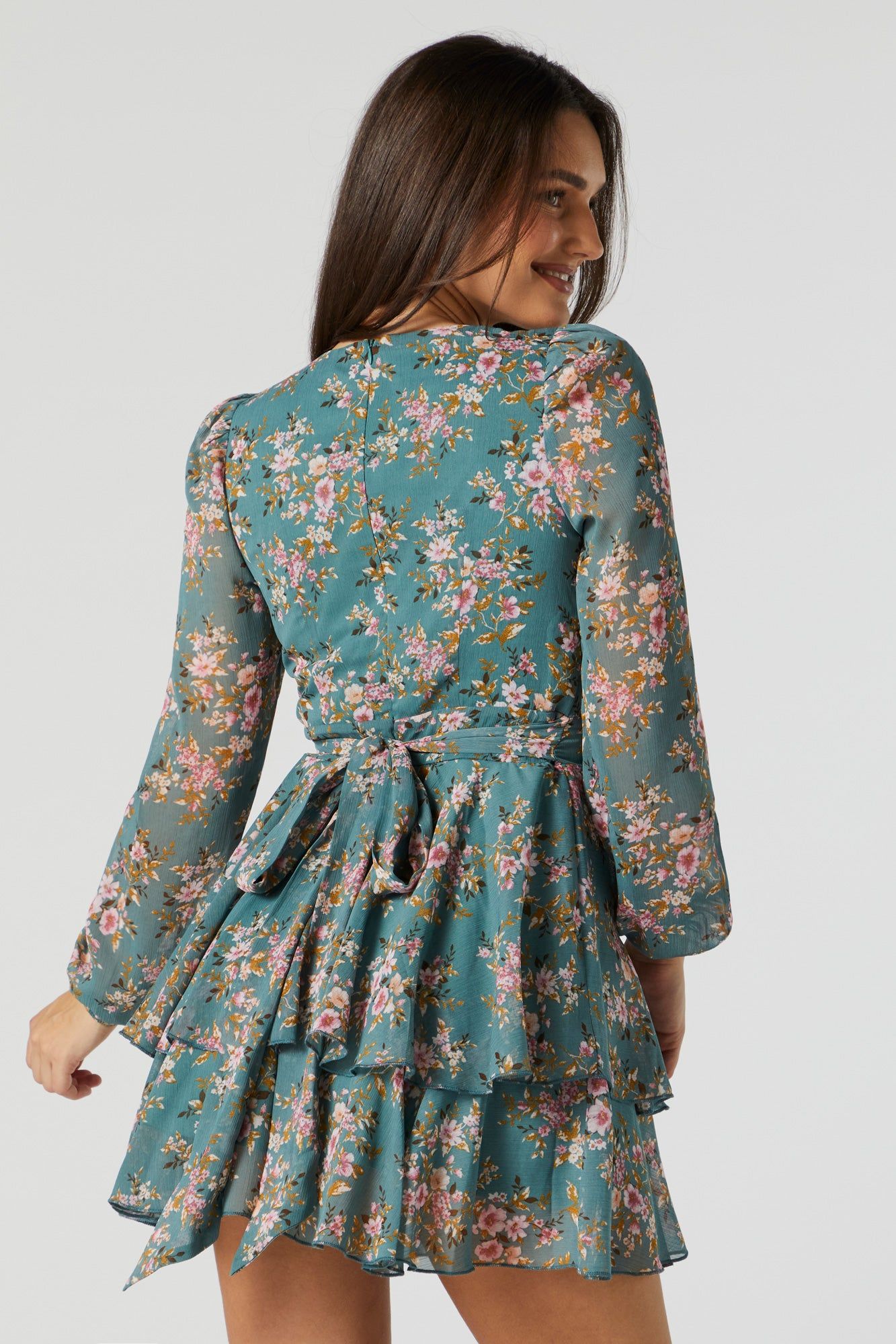 Blue Chiffon Floral Long Sleeve Tiered Mini Dress sold by Urban Planet product image thumbnail 2