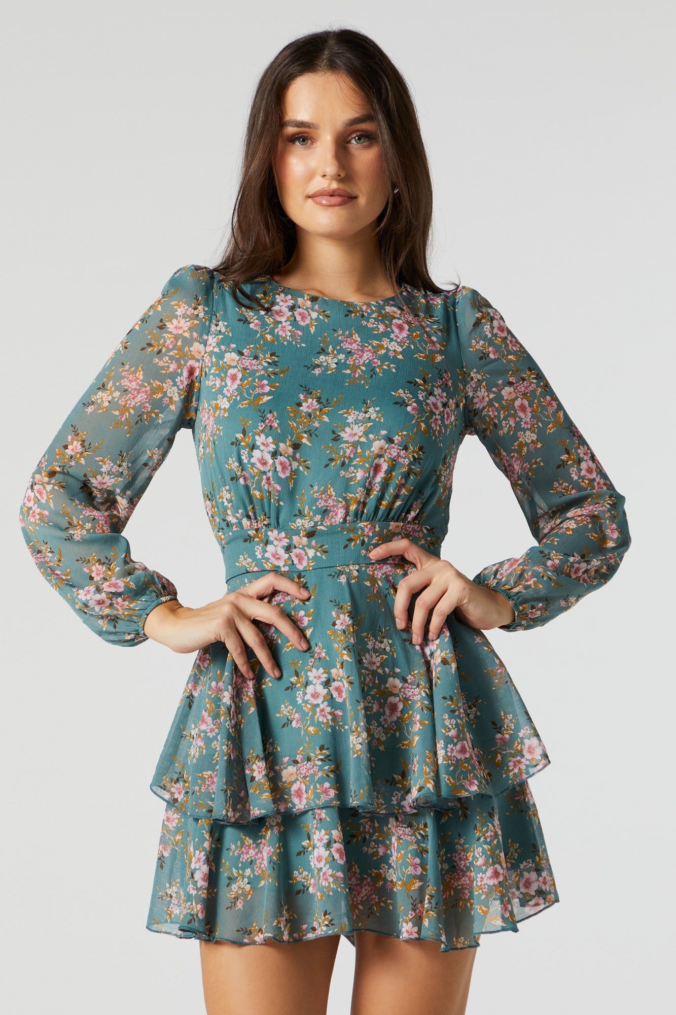 Blue Chiffon Floral Long Sleeve Tiered Mini Dress sold by Urban Planet