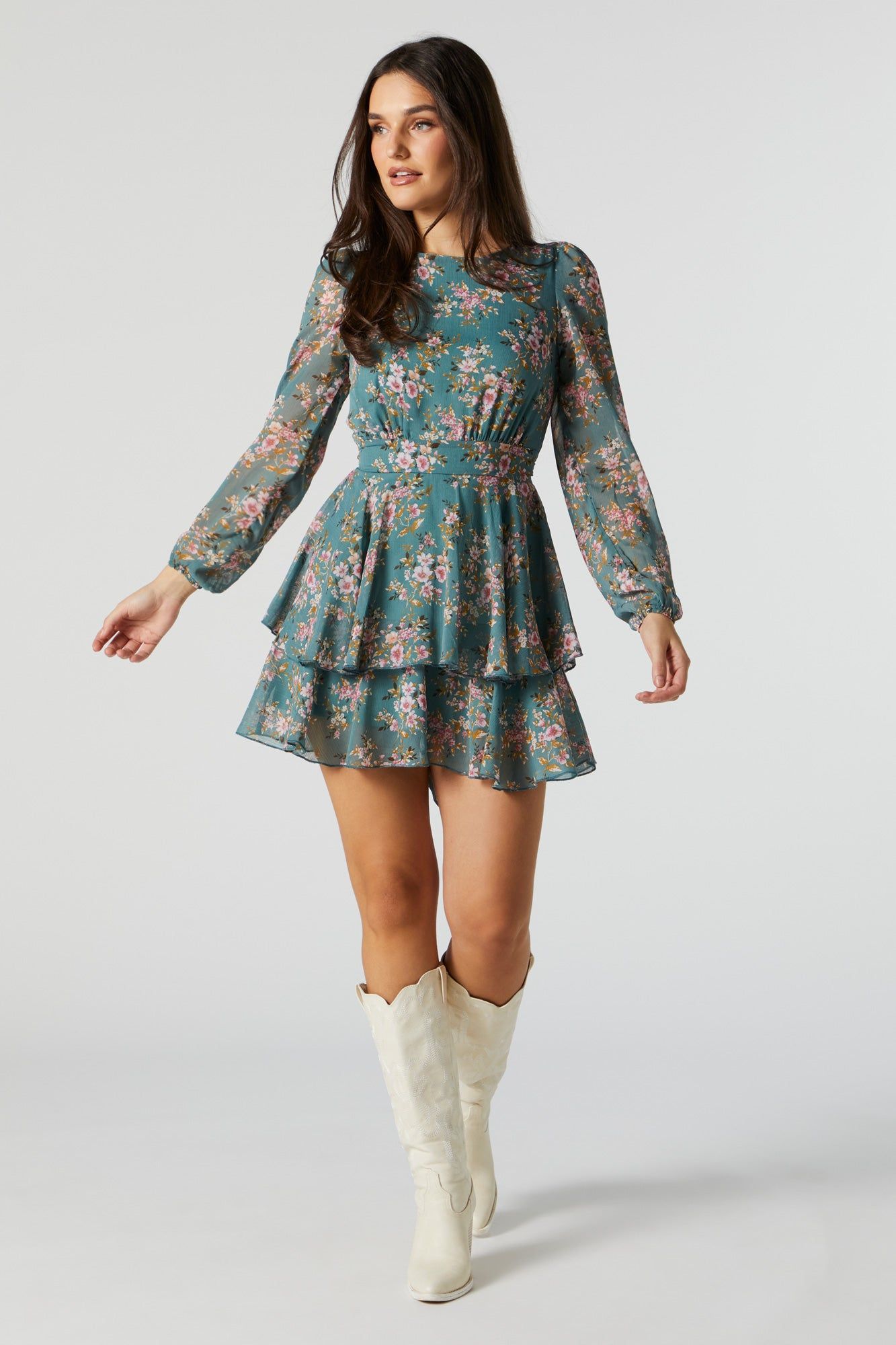 Blue Chiffon Floral Long Sleeve Tiered Mini Dress sold by Urban Planet product image thumbnail 3