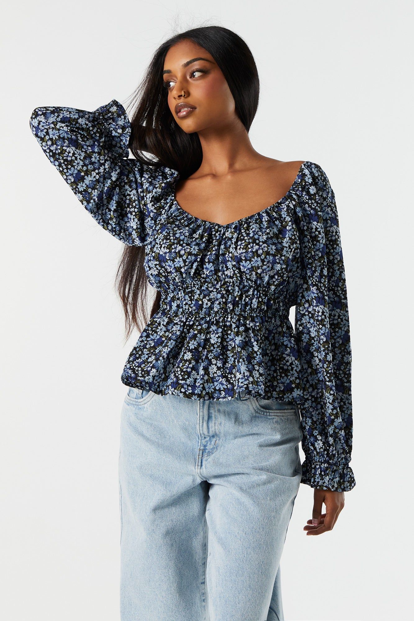 Blue Floral Elastic Waist Long Sleeve Top sold by Urban Planet