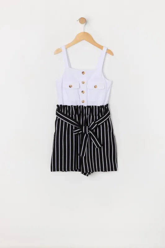 Girls Pinstriped Belted Romper sold by Urban Planet