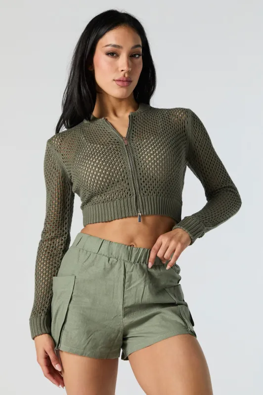 Open Knit Zip-Up Cropped Sweater sold by Urban Planet