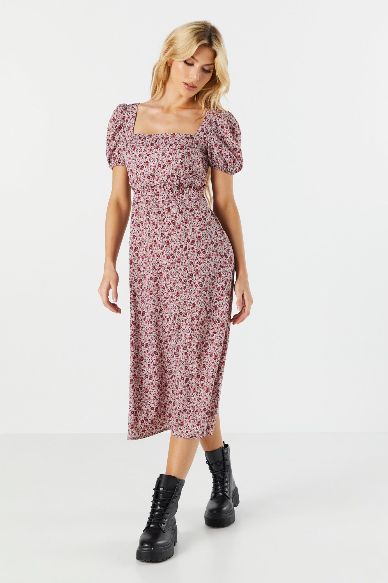 Purple Floral Slit Milkmaid Midi Dress sold by Urban Planet