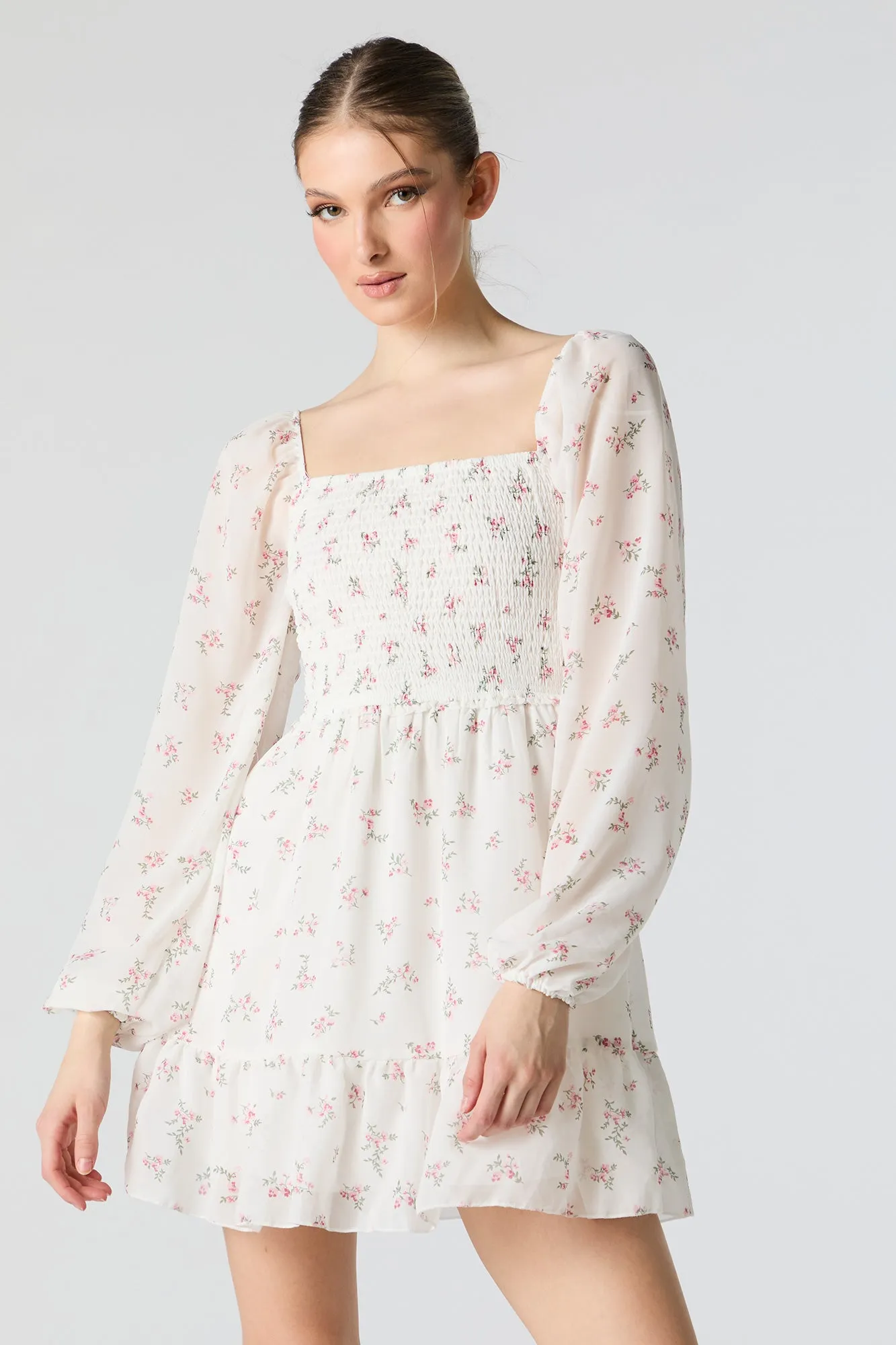 White Floral Smocked Long Sleeve Mini Dress sold by Urban Planet