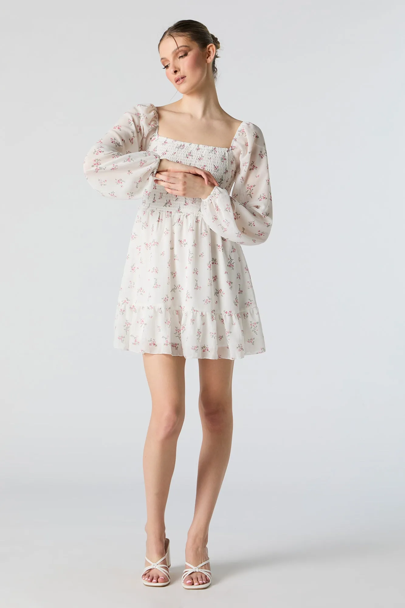 White Floral Smocked Long Sleeve Mini Dress sold by Urban Planet product image thumbnail 3