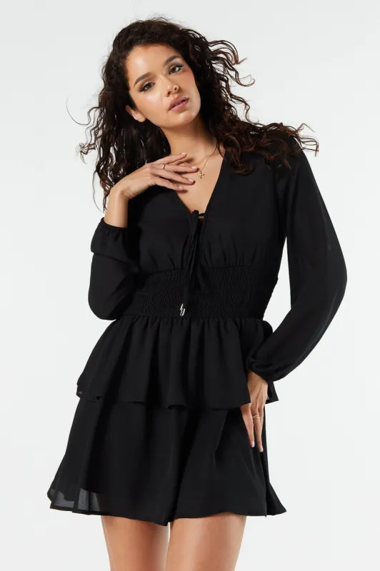 Long Sleeve Front Tie Tiered Dress sold by Urban Planet