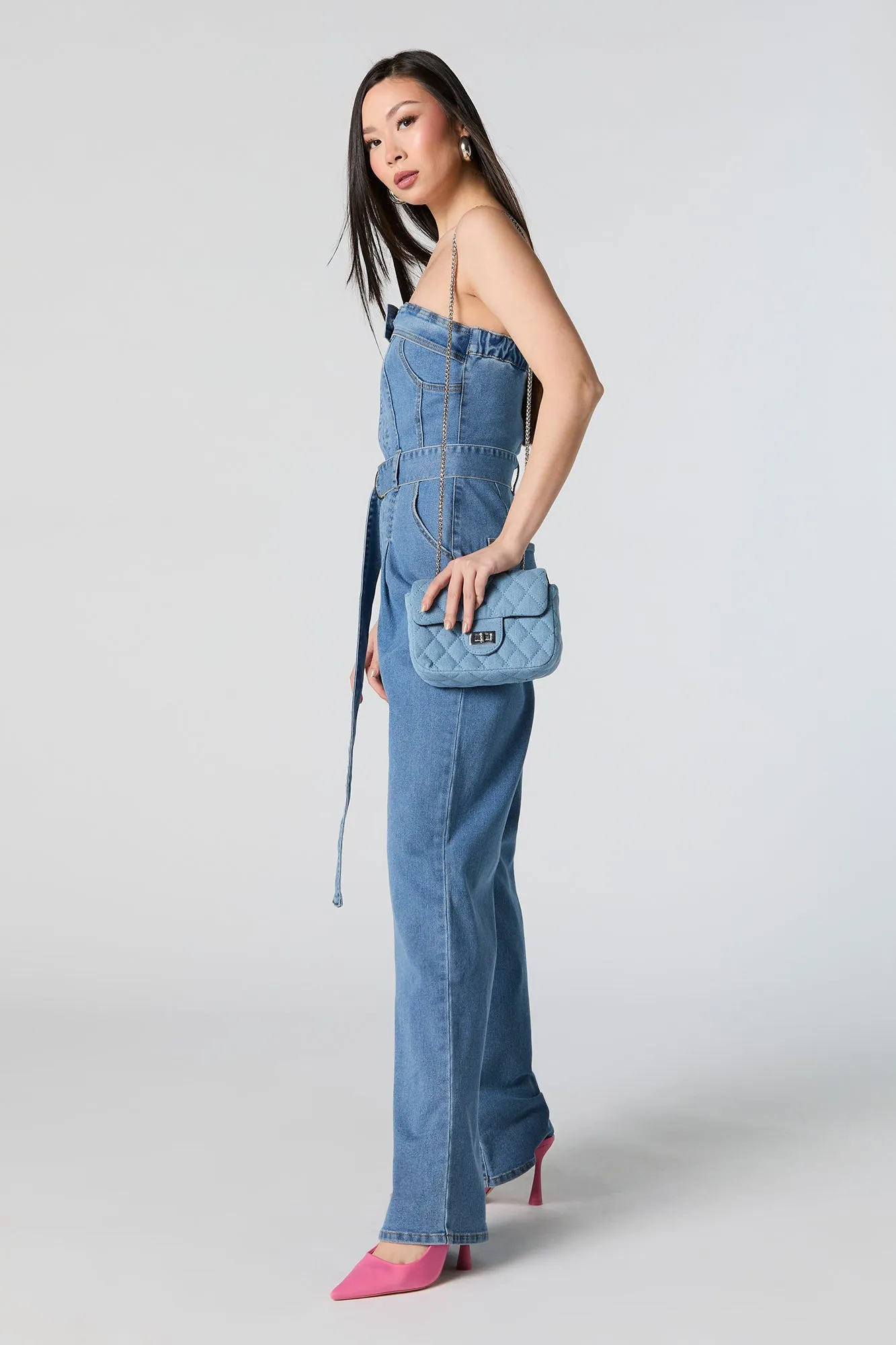 Denim Belted Strapless Wide Leg Jumpsuit sold by Urban Planet product image thumbnail 2