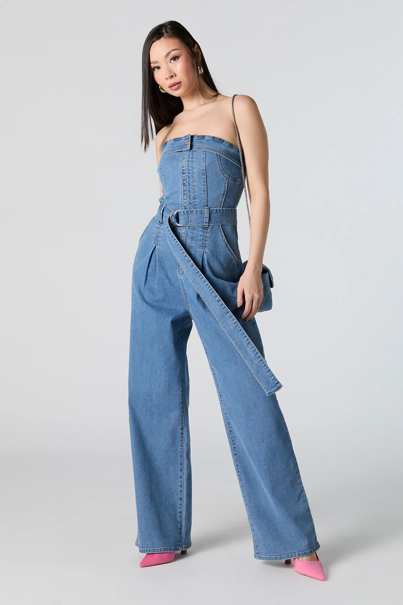 Denim Belted Strapless Wide Leg Jumpsuit sold by Urban Planet