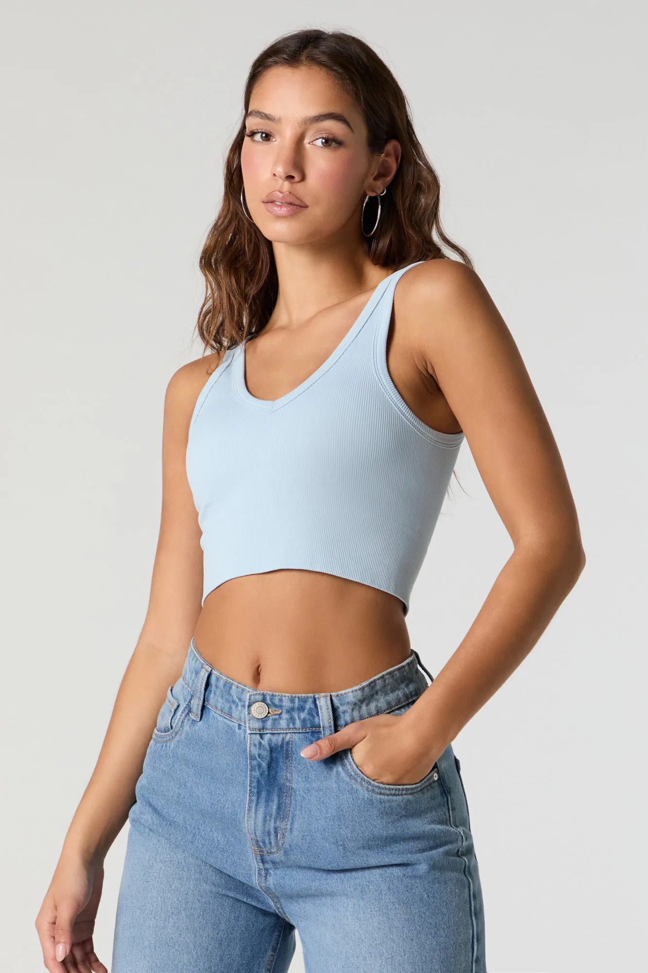 Seamless Ribbed V-Neck Tank with Built-In Bra Cups sold by Urban Planet