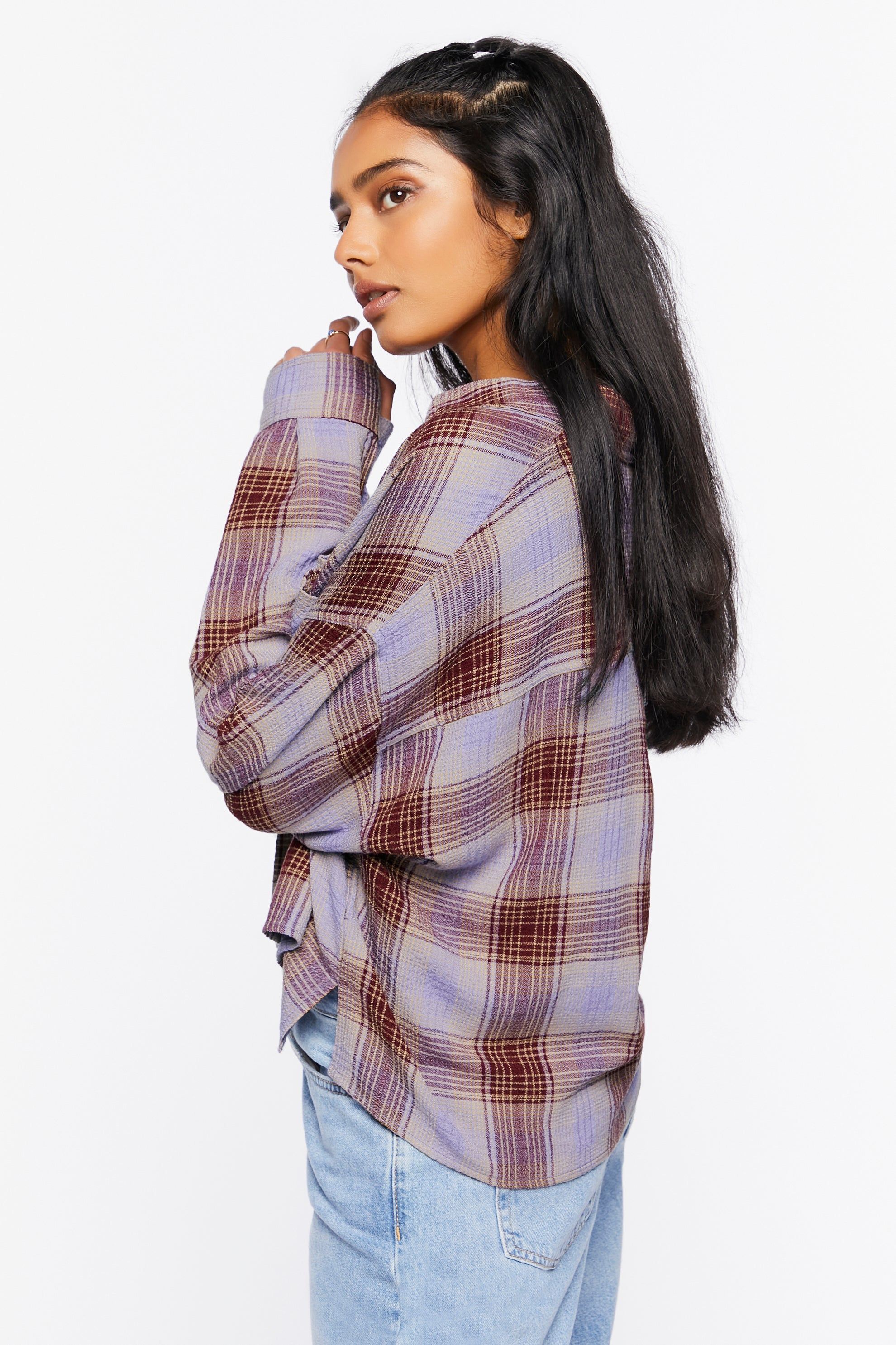 Plaid Button-Up High-Low Top sold by Urban Planet