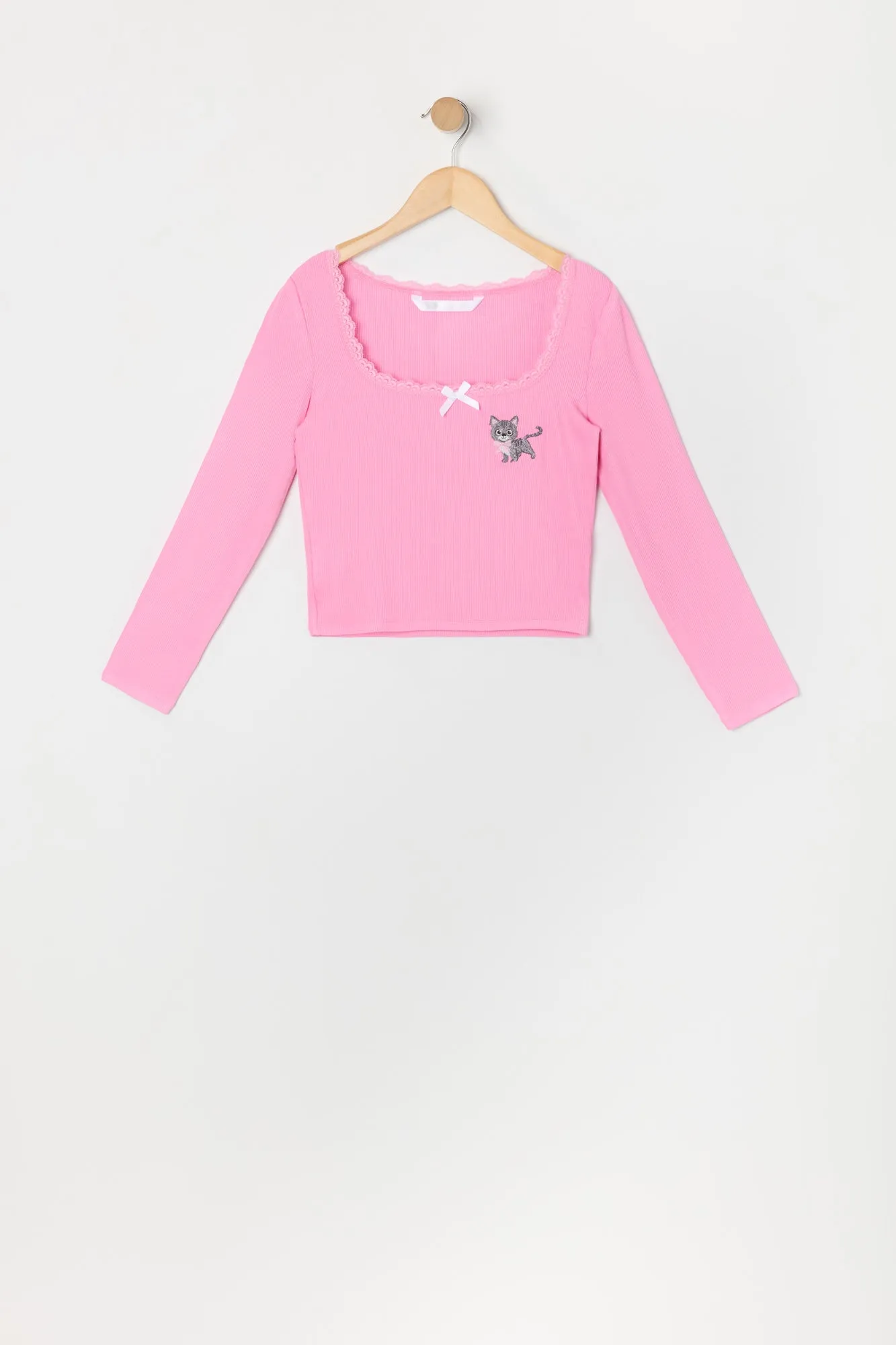 Haut à manches longues avec motif brodé et liséré de dentelle pour fille sold by Urban Planet product image thumbnail 3