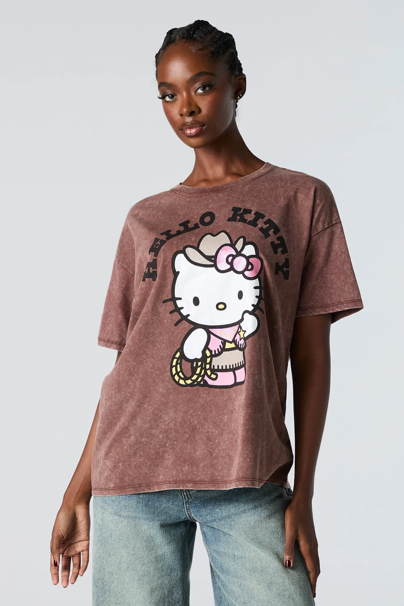 Hello Kitty Cowgirl Graphic Washed Boyfriend T-Shirt sold by Urban Planet