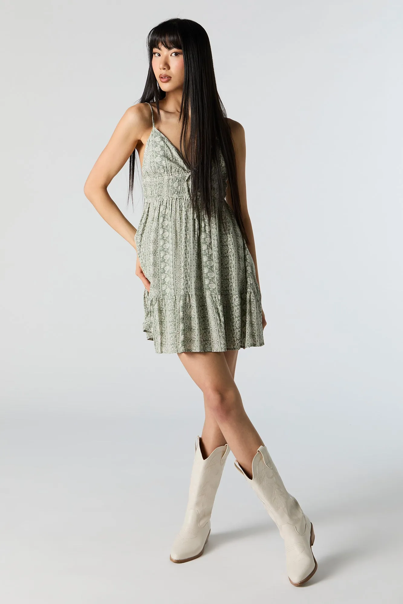 Green Floral Print V-Neck Self Tie Mini Dress sold by Urban Planet product image thumbnail 3