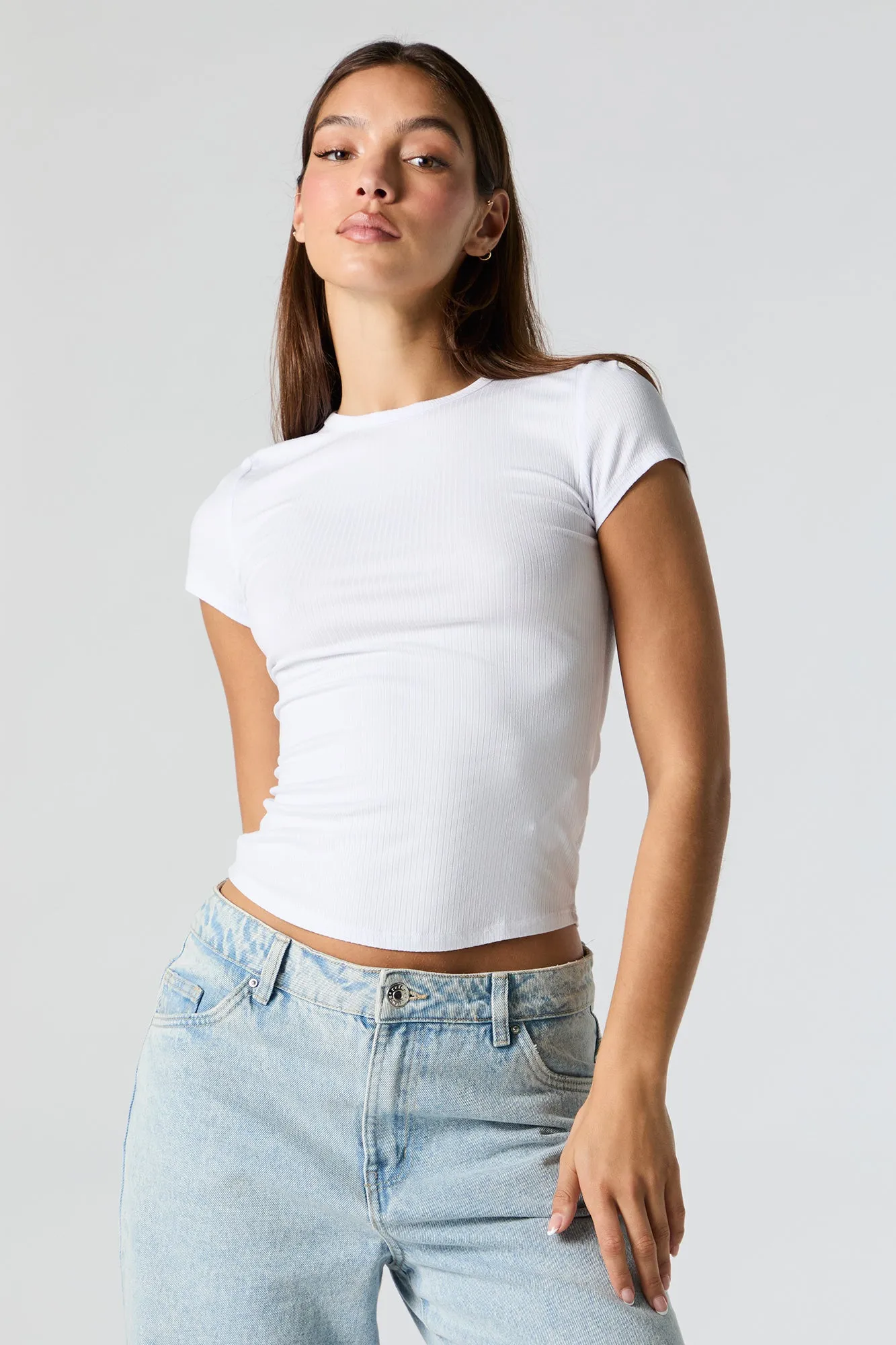 Ribbed Curve Hem T-Shirt sold by Urban Planet