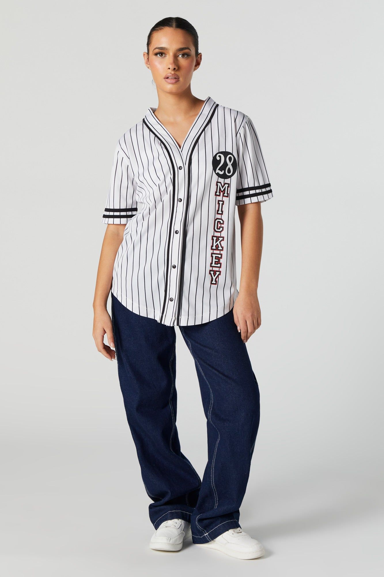 Pinstriped Mickey Mouse Graphic Baseball Jersey sold by Urban Planet product image thumbnail 3