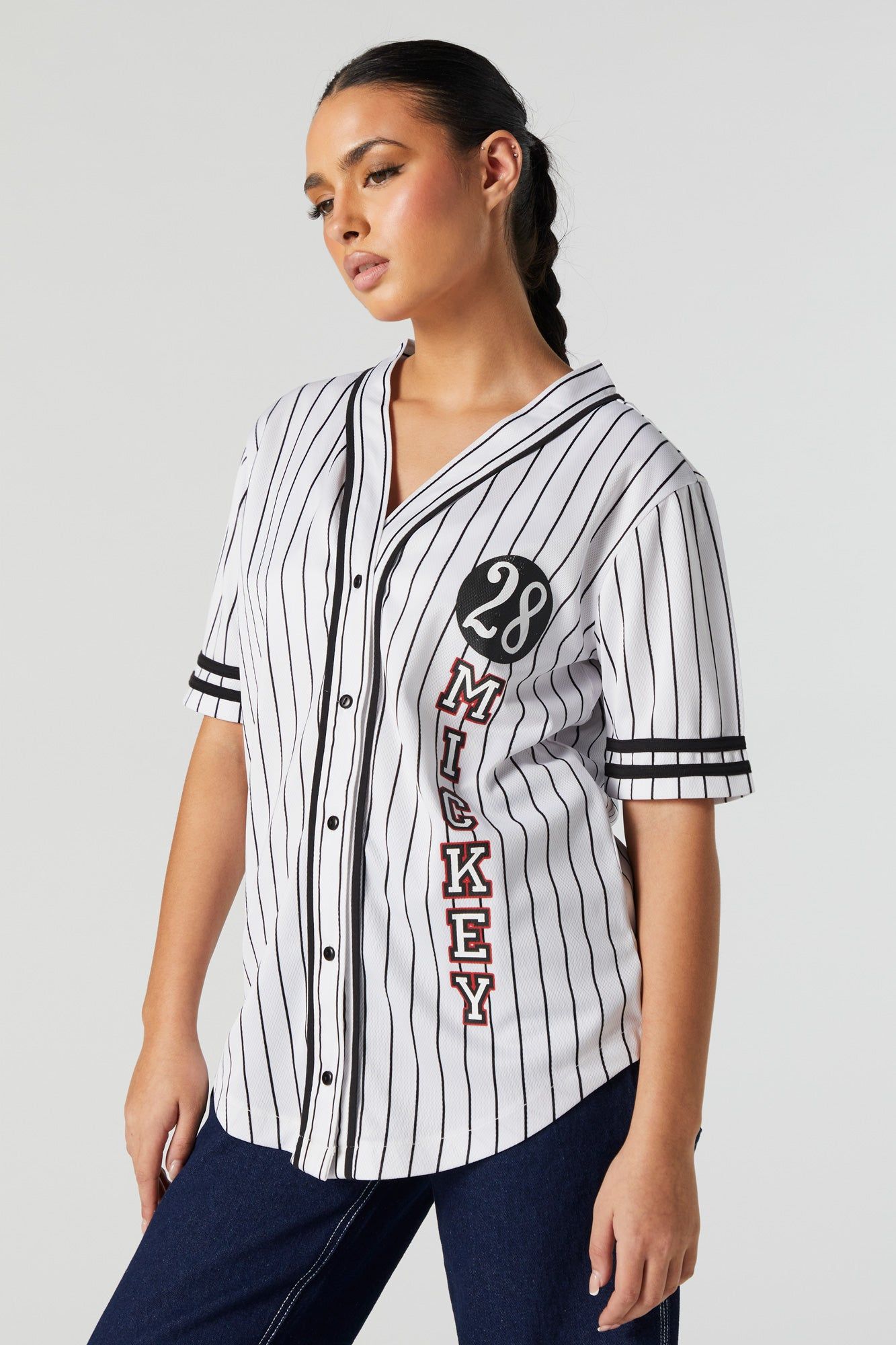Pinstriped Mickey Mouse Graphic Baseball Jersey sold by Urban Planet