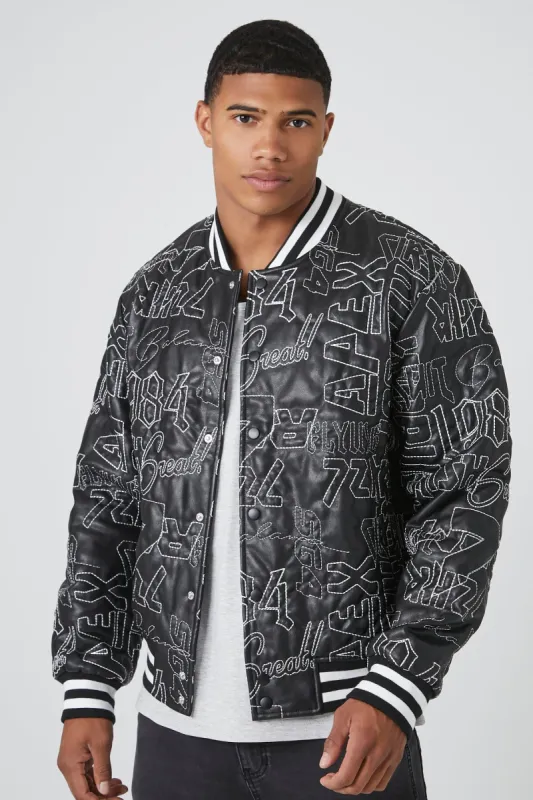 Text Embroidered Varsity Jacket sold by Urban Planet
