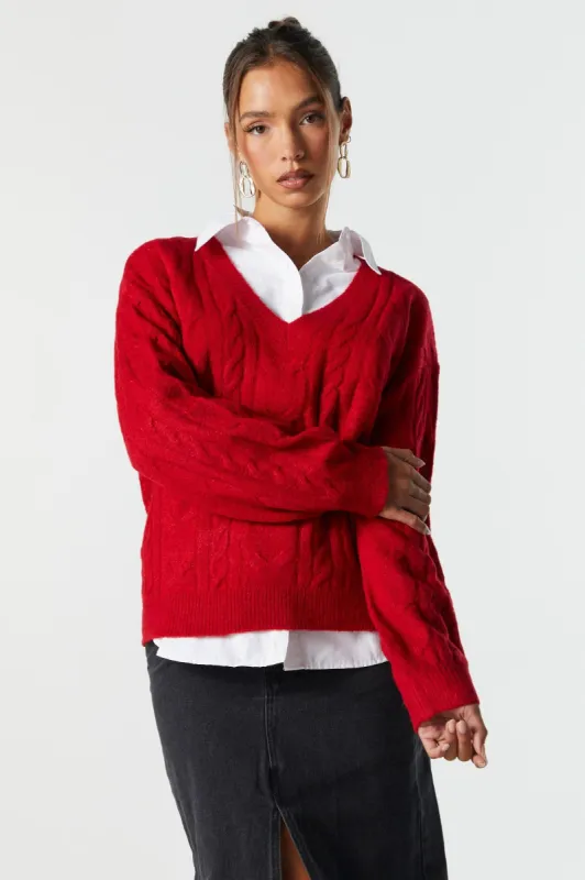 V-Neck Cable Knit Sweater sold by Urban Planet