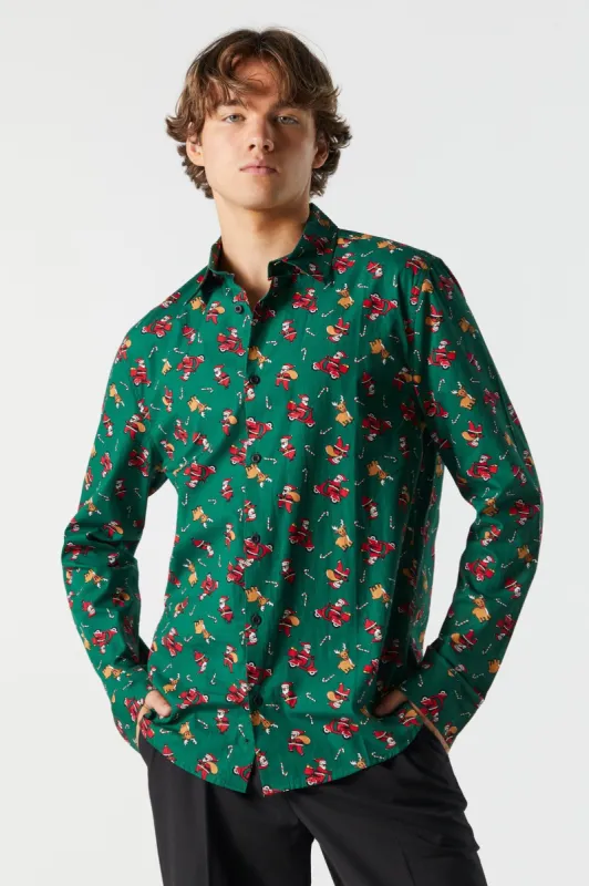 Santa Print Button-Up Top sold by Urban Planet