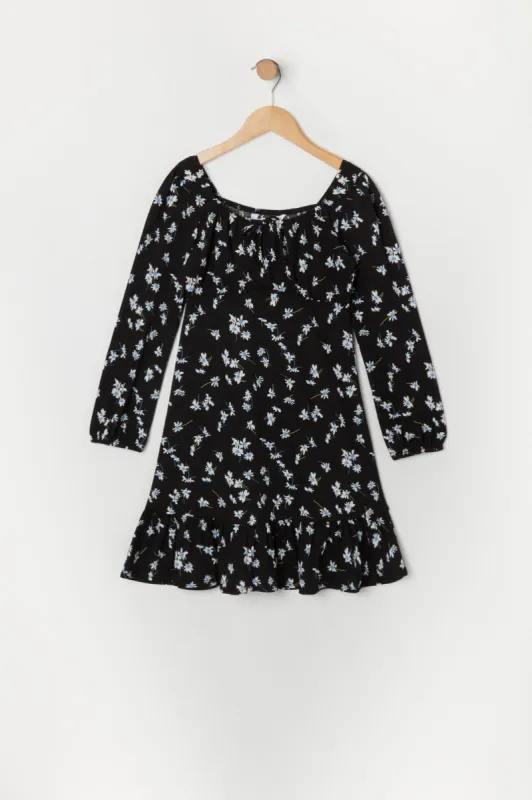 Girls Black Floral Long Sleeve Milkmaid Dress sold by Urban Planet
