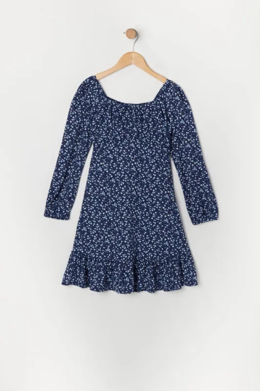 Girls Blue Floral Long Sleeve Milkmaid Dress sold by Urban Planet