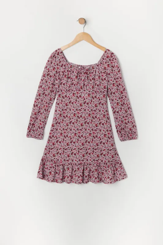 Girls Purple Floral Long Sleeve Milkmaid Dress sold by Urban Planet