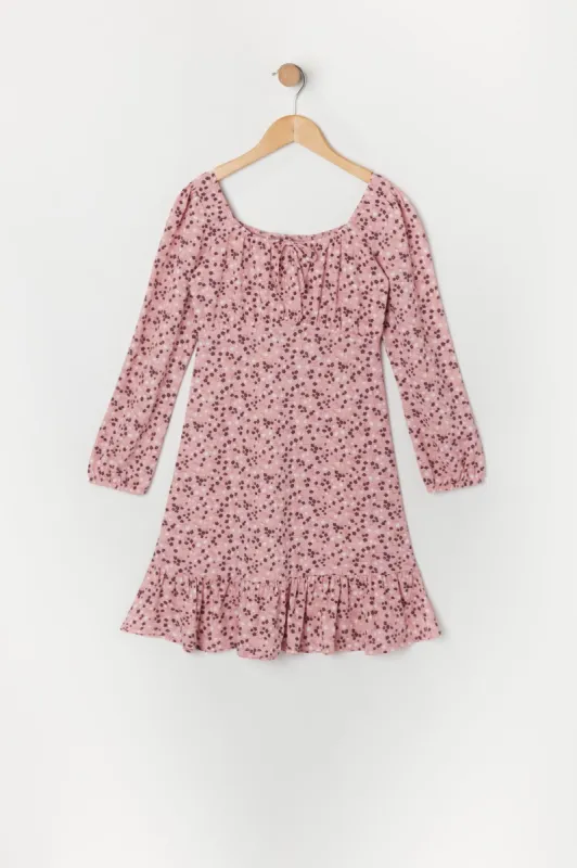 Girls Pink Floral Long Sleeve Milkmaid Dress sold by Urban Planet