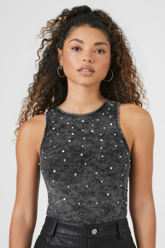 Rhinestone Ribbed Knit Bodysuit sold by Urban Planet