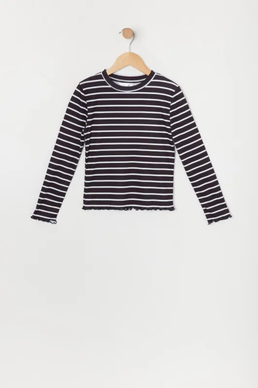 Girls Striped Lettuce Hem Long Sleeve Top sold by Urban Planet