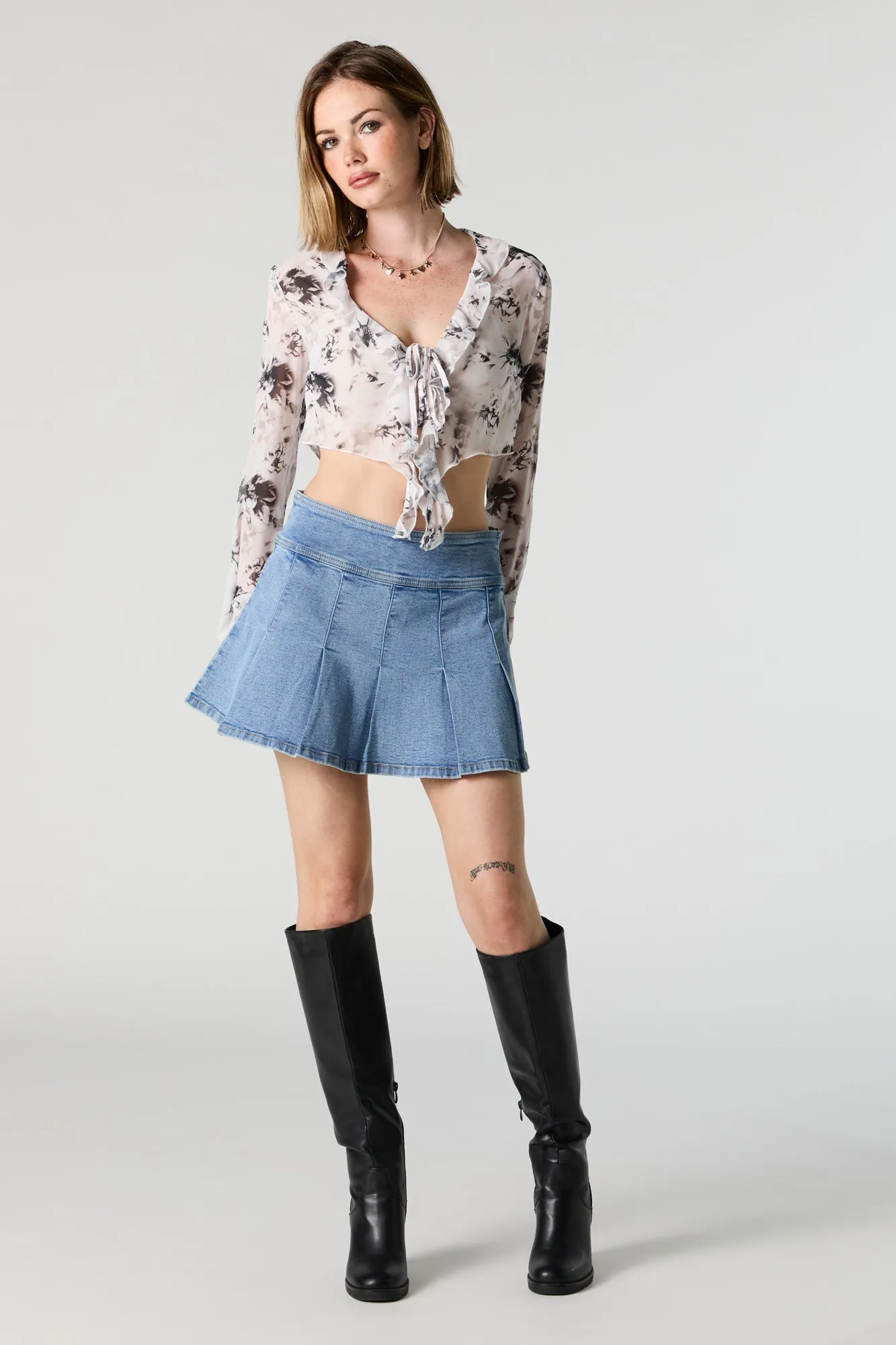 Mesh Ruffle Tie Front Long Sleeve Crop Top sold by Urban Planet product image thumbnail 3