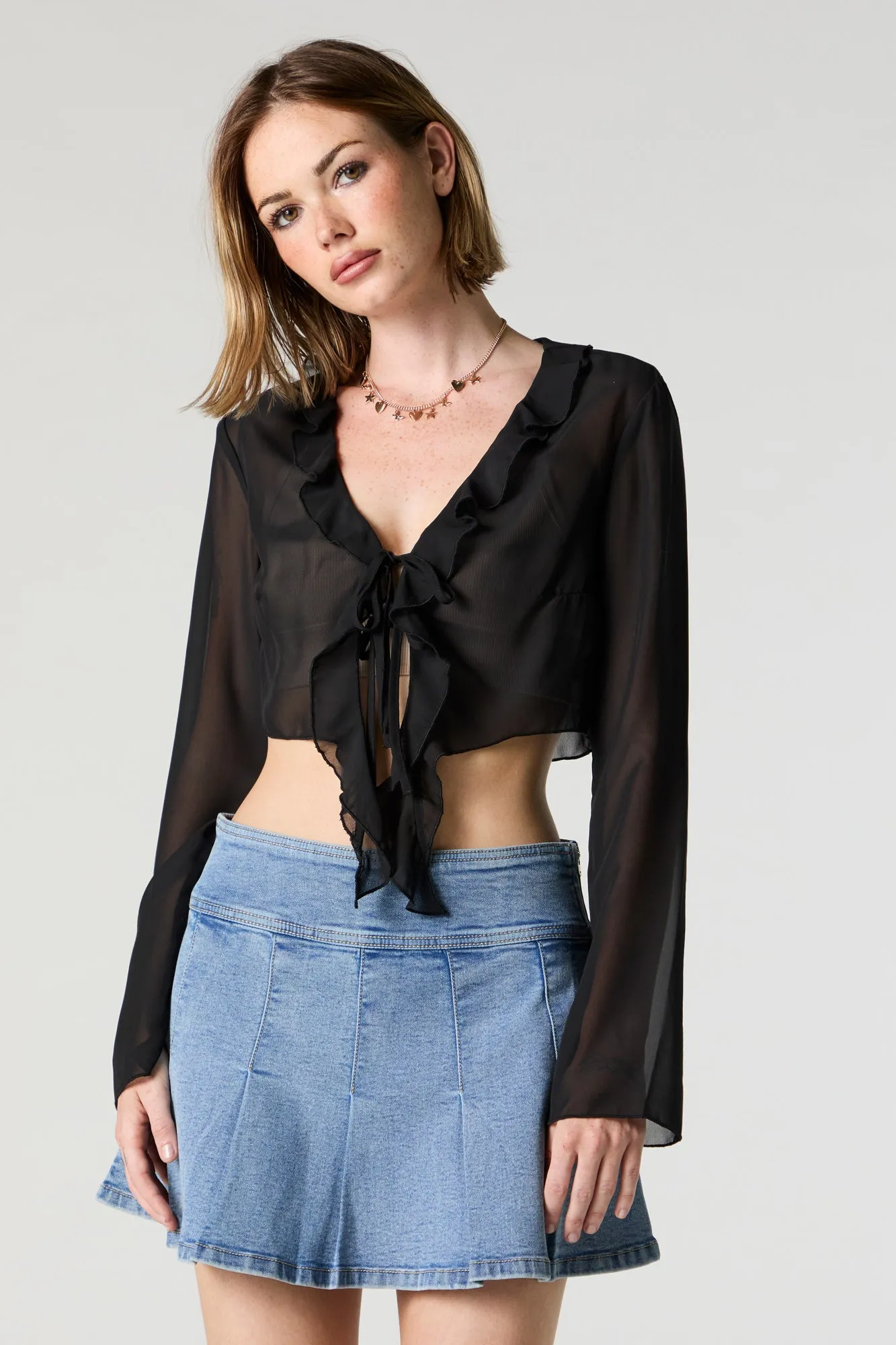 Mesh Ruffle Tie Front Long Sleeve Crop Top sold by Urban Planet product image thumbnail 4