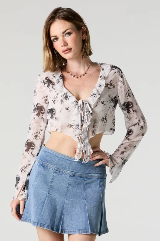 Mesh Ruffle Tie Front Long Sleeve Crop Top sold by Urban Planet