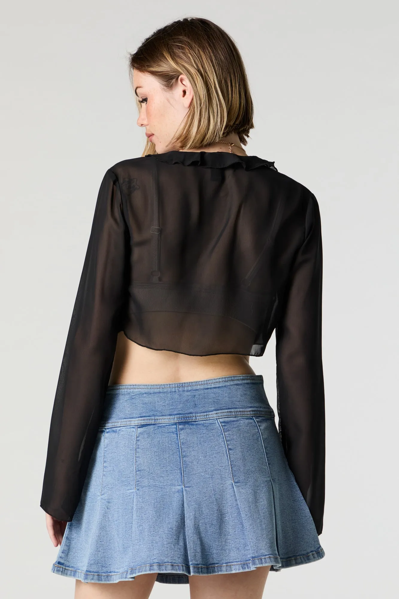 Mesh Ruffle Tie Front Long Sleeve Crop Top sold by Urban Planet product image thumbnail 5