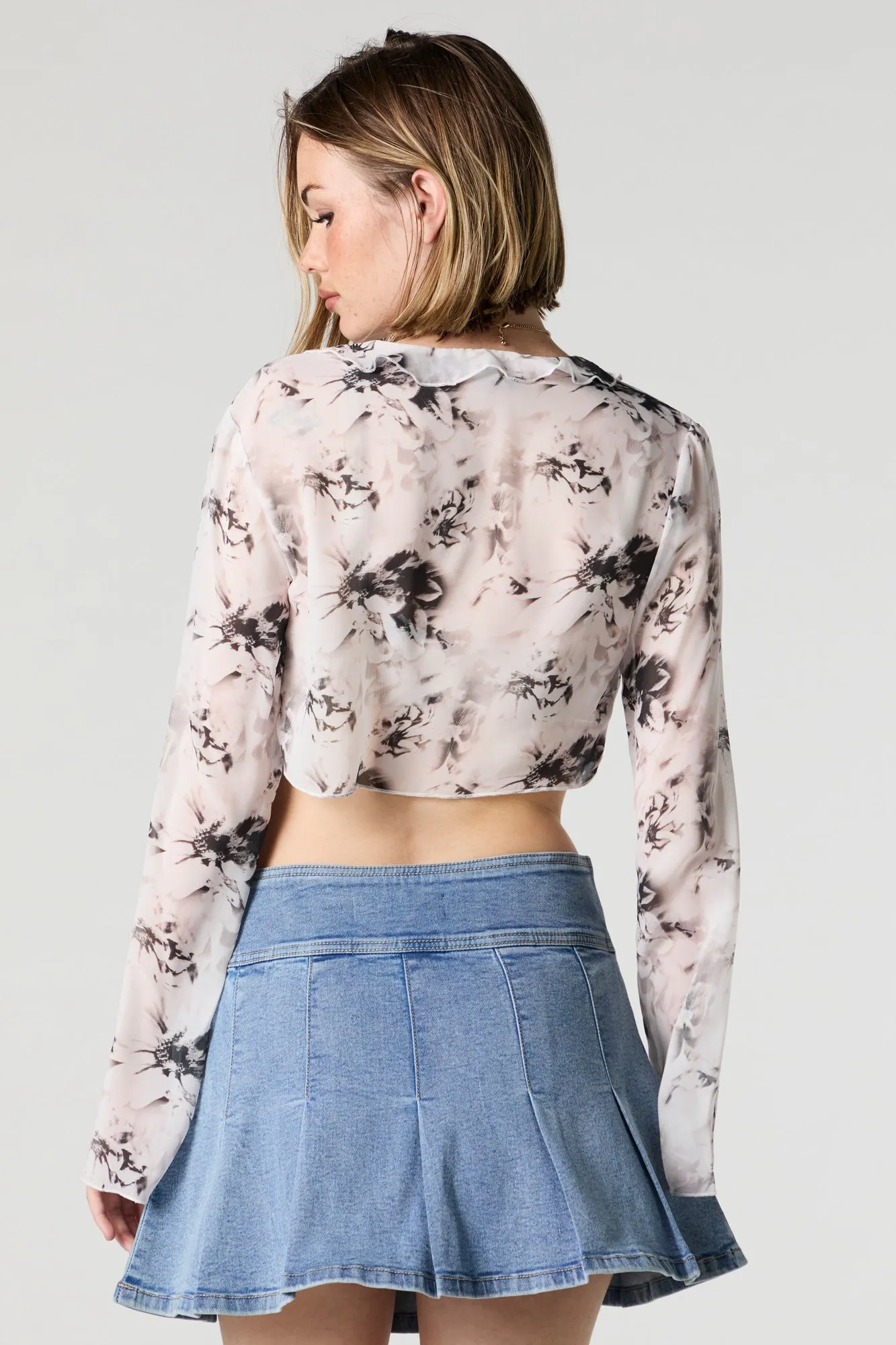 Mesh Ruffle Tie Front Long Sleeve Crop Top sold by Urban Planet product image thumbnail 2