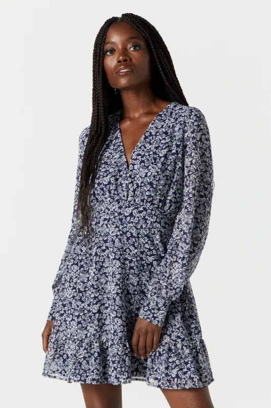 Blue Floral Chiffon Surplice Dress sold by Urban Planet