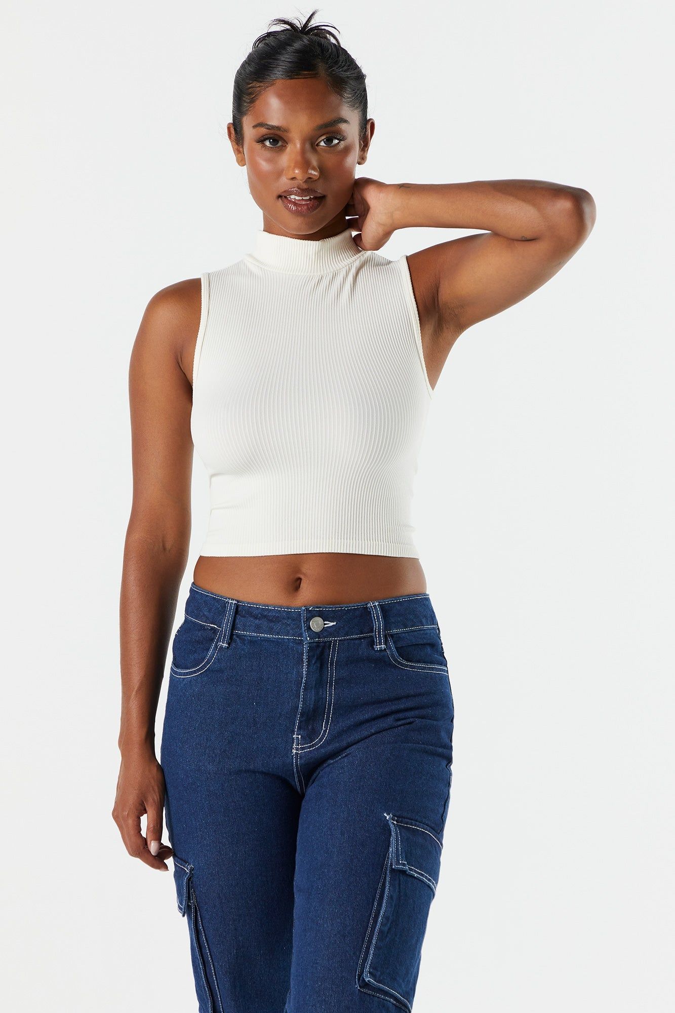 Solid Seamless Ribbed Mock Neck Skimmer Tank sold by Urban Planet product image thumbnail 2