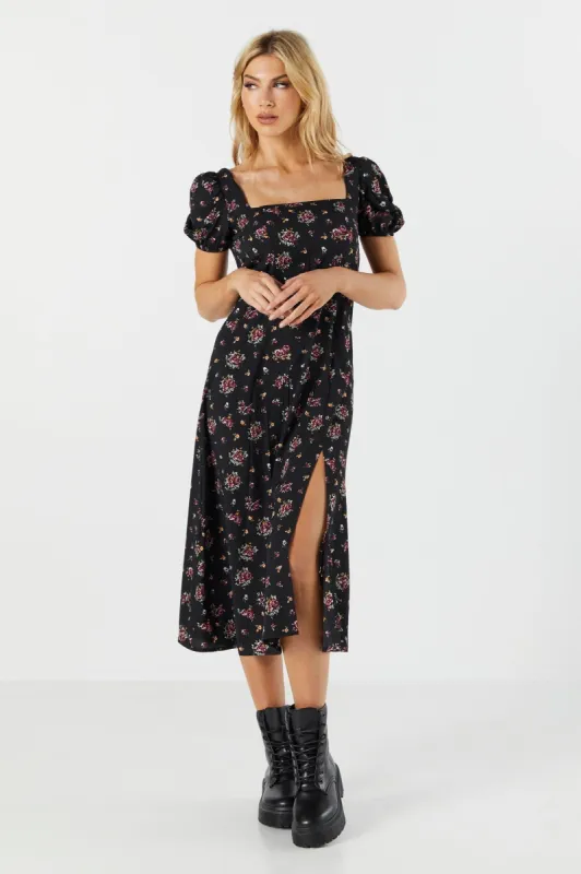 Black Floral Slit Milkmaid Midi Dress sold by Urban Planet