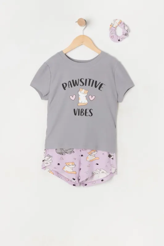Girls Pawsitive Cat Graphic 3-Piece Pajama Set sold by Urban Planet