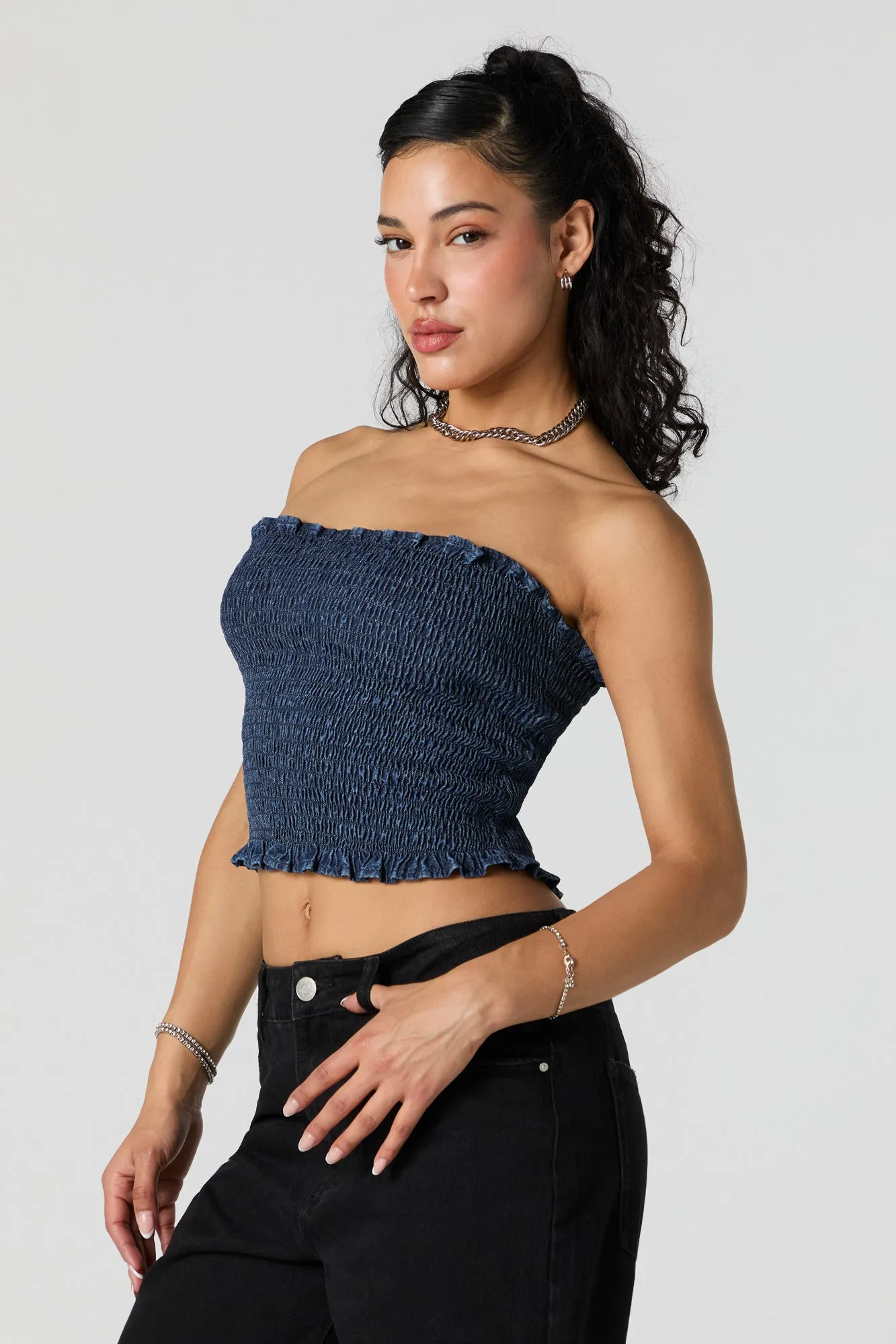 Denim Smocked Tube Top sold by Urban Planet