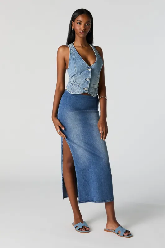 Jupe midi moulante en denim avec fente sold by Urban Planet