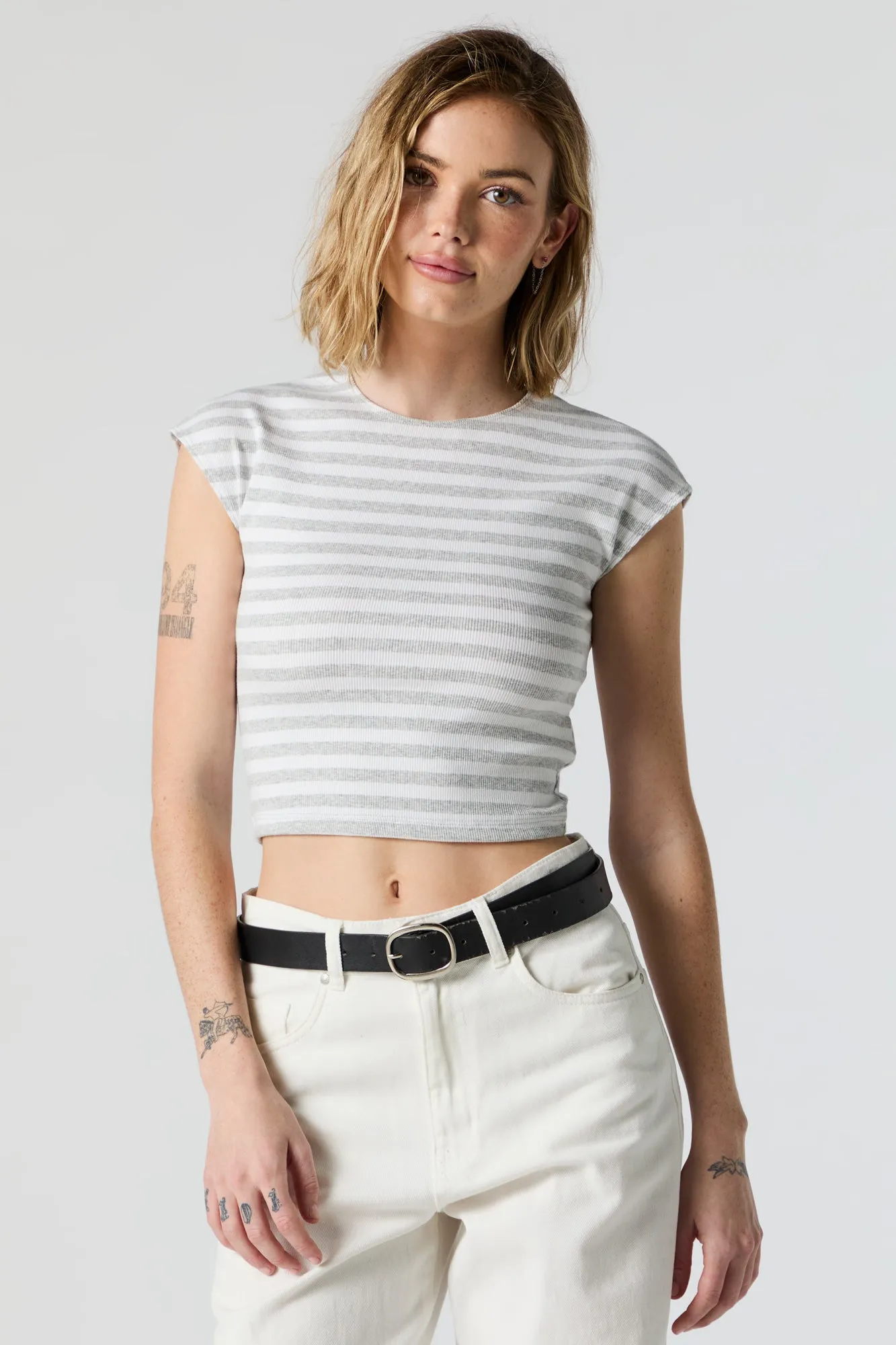 Striped Ribbed Short Sleeve Crop Top sold by Urban Planet