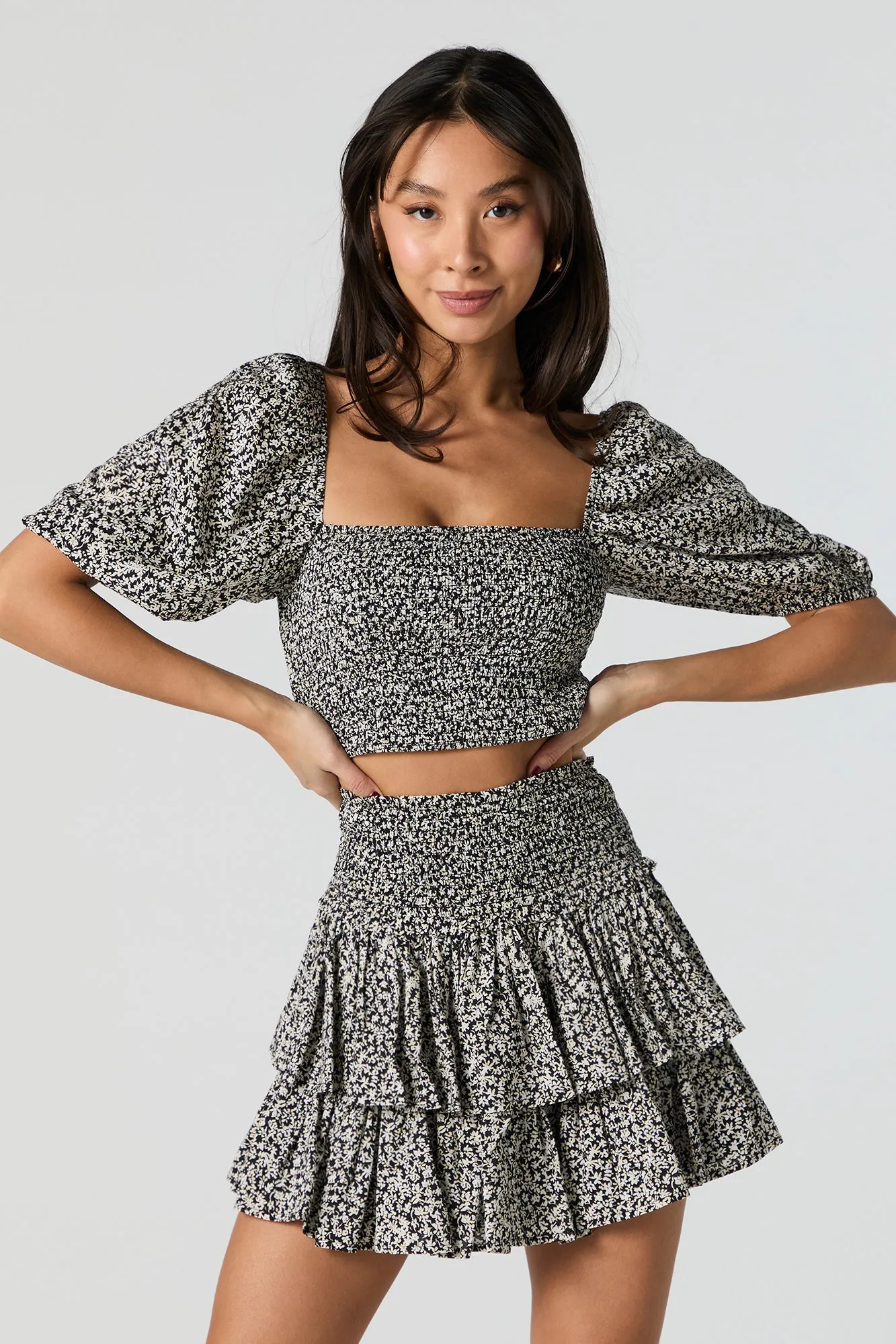 Floral Print Smocked Puff Sleeve Crop Top sold by Urban Planet