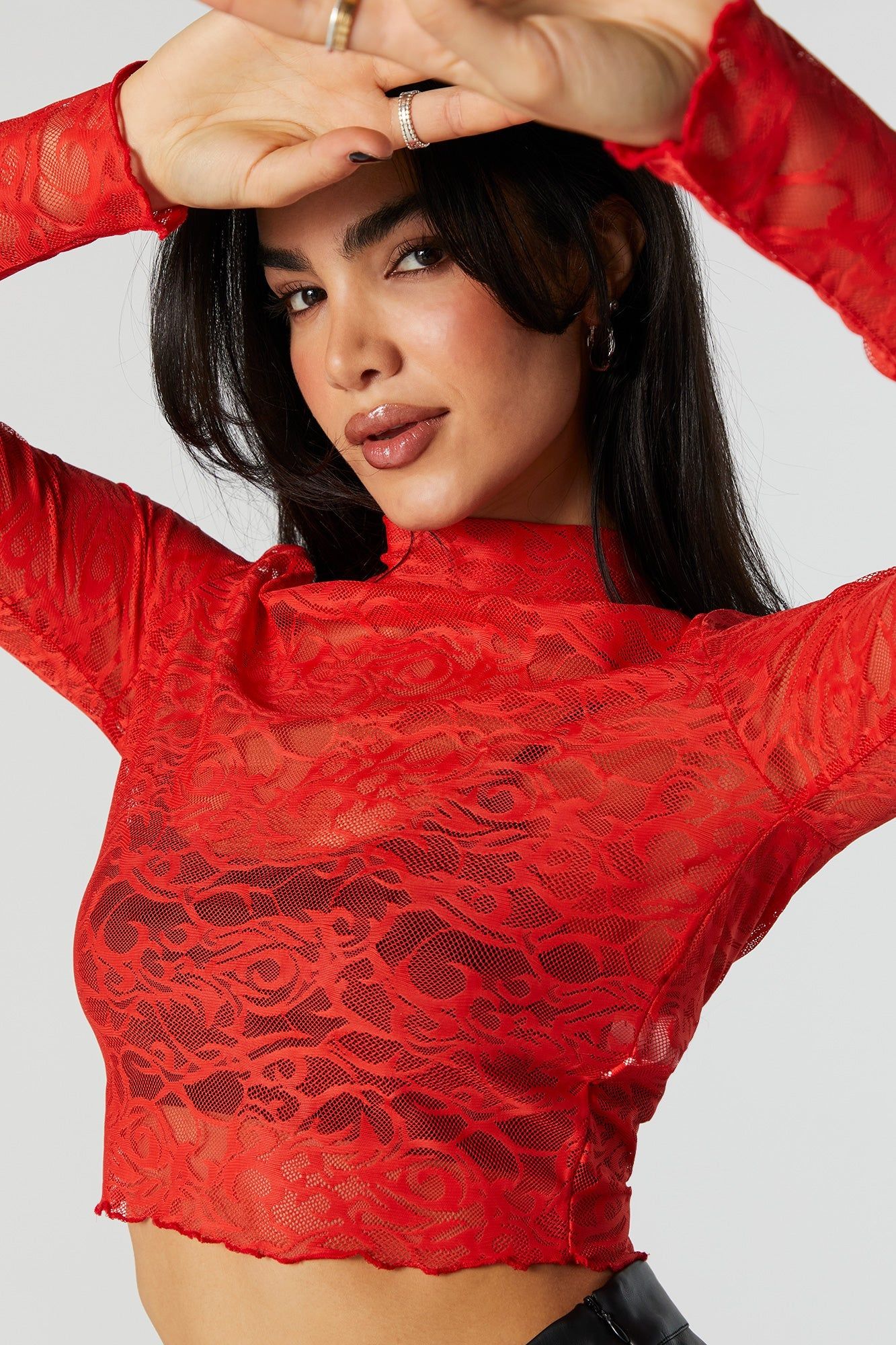 Red Abstract Lace Mock Neck Long Sleeve Top sold by Urban Planet
