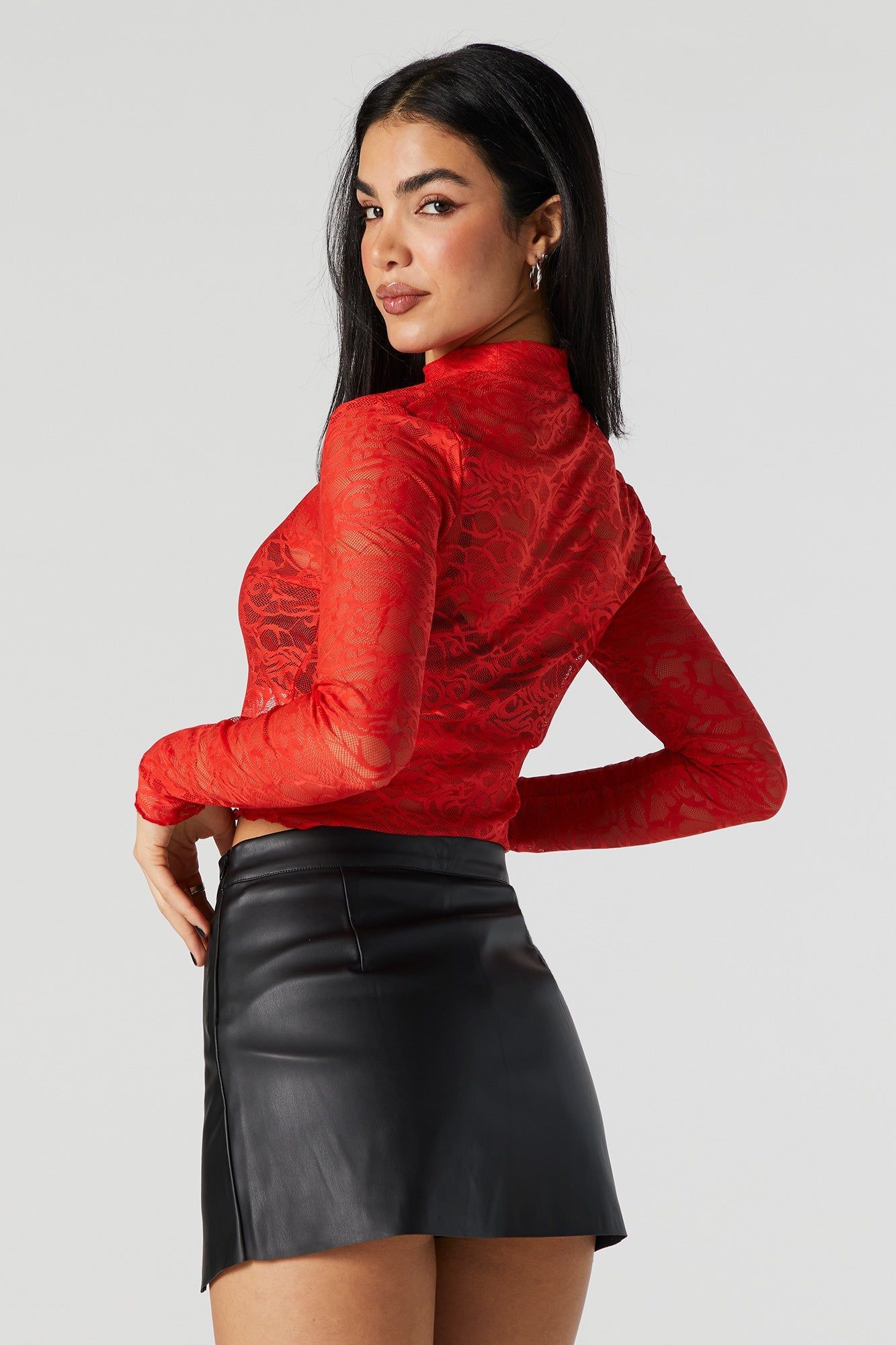 Red Abstract Lace Mock Neck Long Sleeve Top sold by Urban Planet product image thumbnail 3