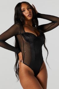 Satin Mesh Long Sleeve Bustier Bodysuit sold by Urban Planet