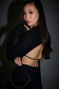 Black Sparkle Ruched Long Sleeve Midi Dress sold by Urban Planet