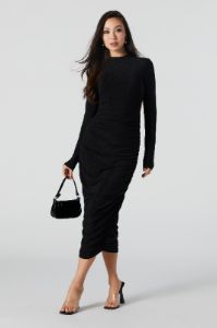 Black Sparkle Ruched Long Sleeve Midi Dress sold by Urban Planet